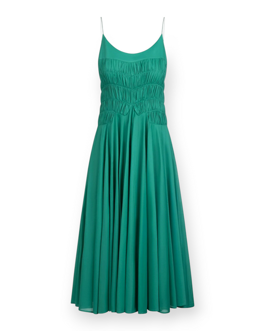 Birdie by Nina Liddle Design Kaede dress in green cotton voile with a ruched bodice, scoop neck, and ankle length.