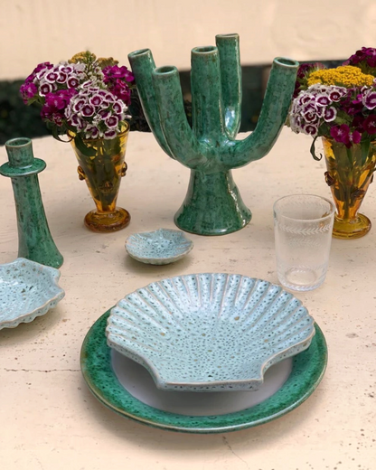 Birdie by Nina Liddle Design set of 6 clear hand-blown etched juice glasses on a table with ceramic tableware