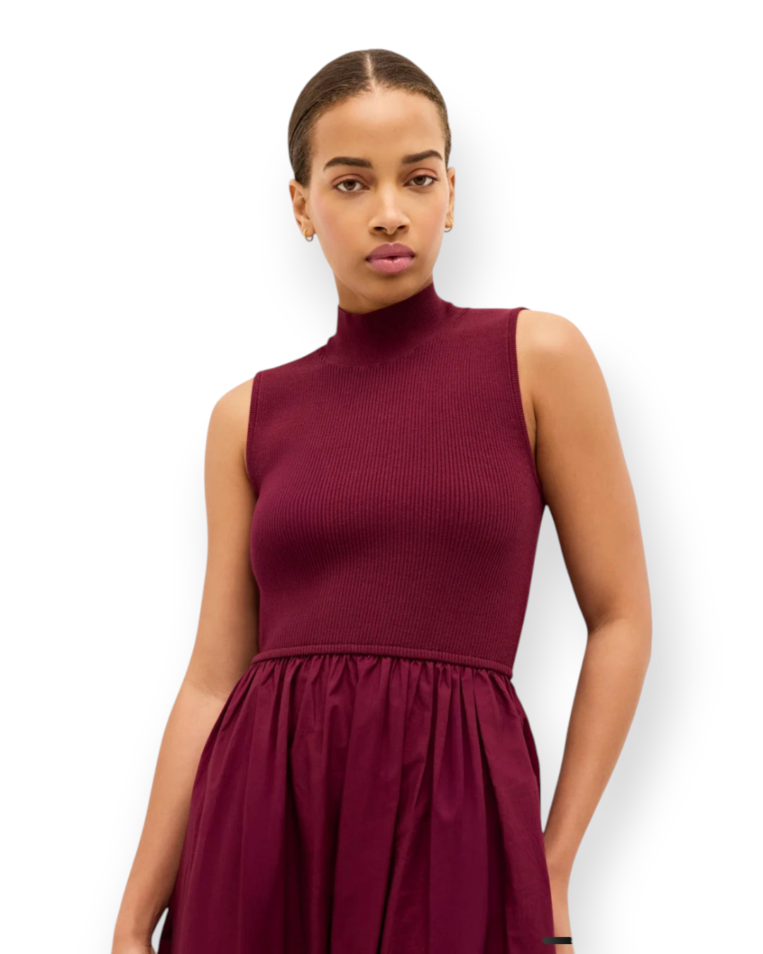 Birdie by Nina Liddle Design Yana maxi dress in Potion red-purple with a ribbed mock turtleneck and gathered skirt