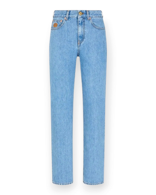 Birdie by Nina Liddle Design Nariida Paso high-waisted light blue cotton bootcut jeans with tailored fit.