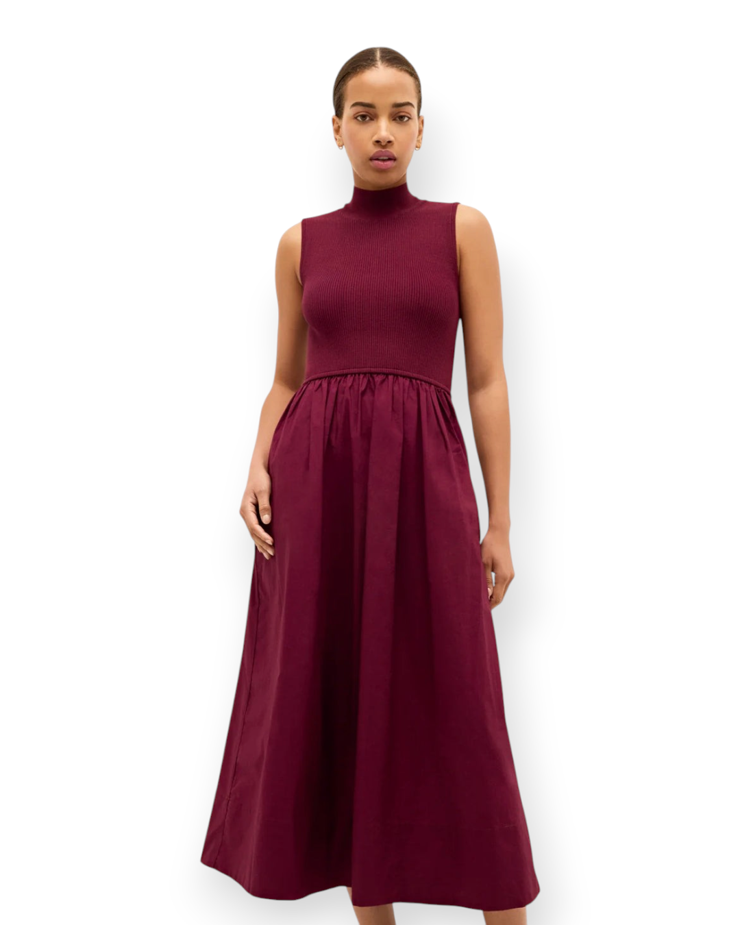 Birdie by Nina Liddle Design Yana maxi dress in Potion red-purple with a mock turtleneck and full gathered skirt.