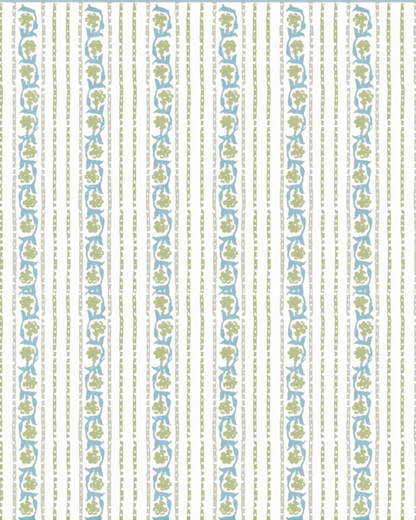 Birdie by Nina Liddle Design Elise pillow fabric featuring a green and blue botanical stripe pattern on linen cotton