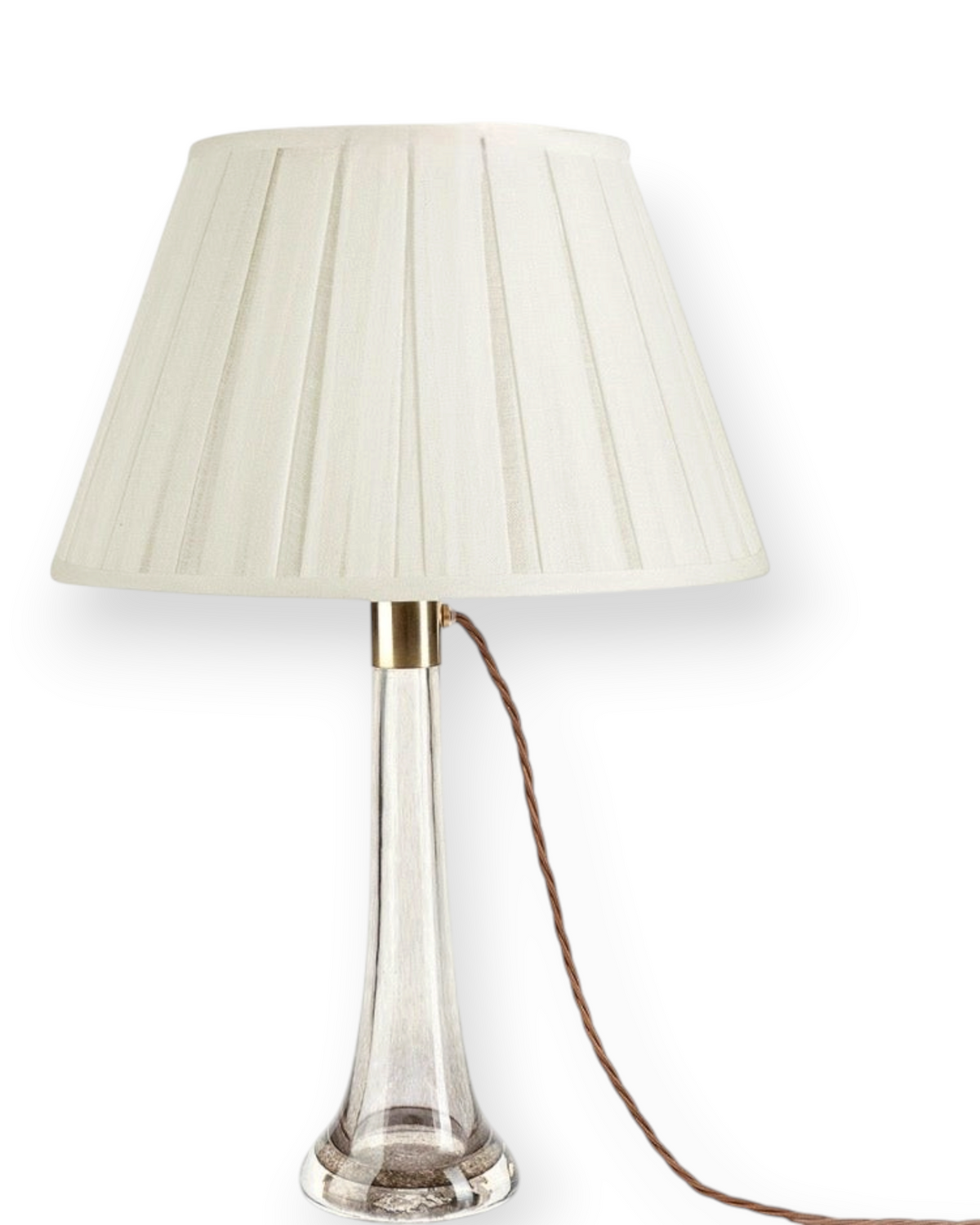 Birdie by Nina Liddle Design 16-inch ivory linen round box pleat lampshade with cream cotton lining on glass lamp base