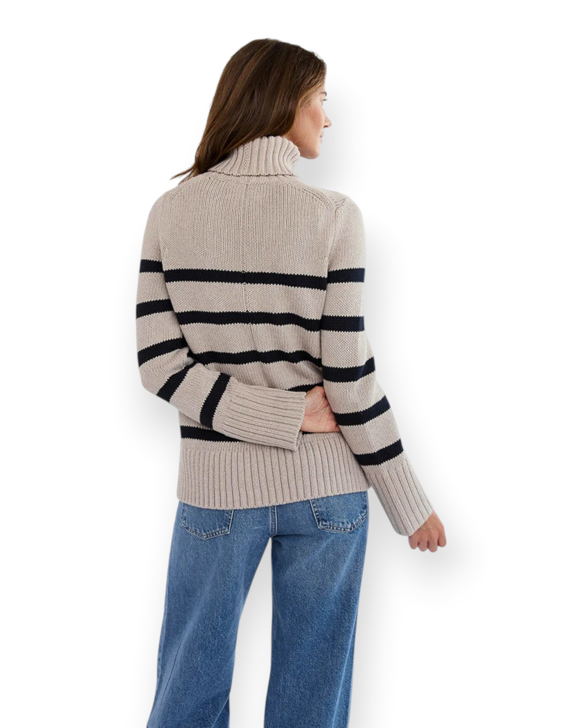 Back view of a woman wearing a Birdie by Nina Liddle Design beige and navy striped cotton turtleneck sweater.