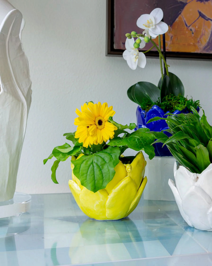 Birdie by Nina Liddle Design handmade yellow Italian ceramic artichoke catchall pot holding a bright yellow flower.