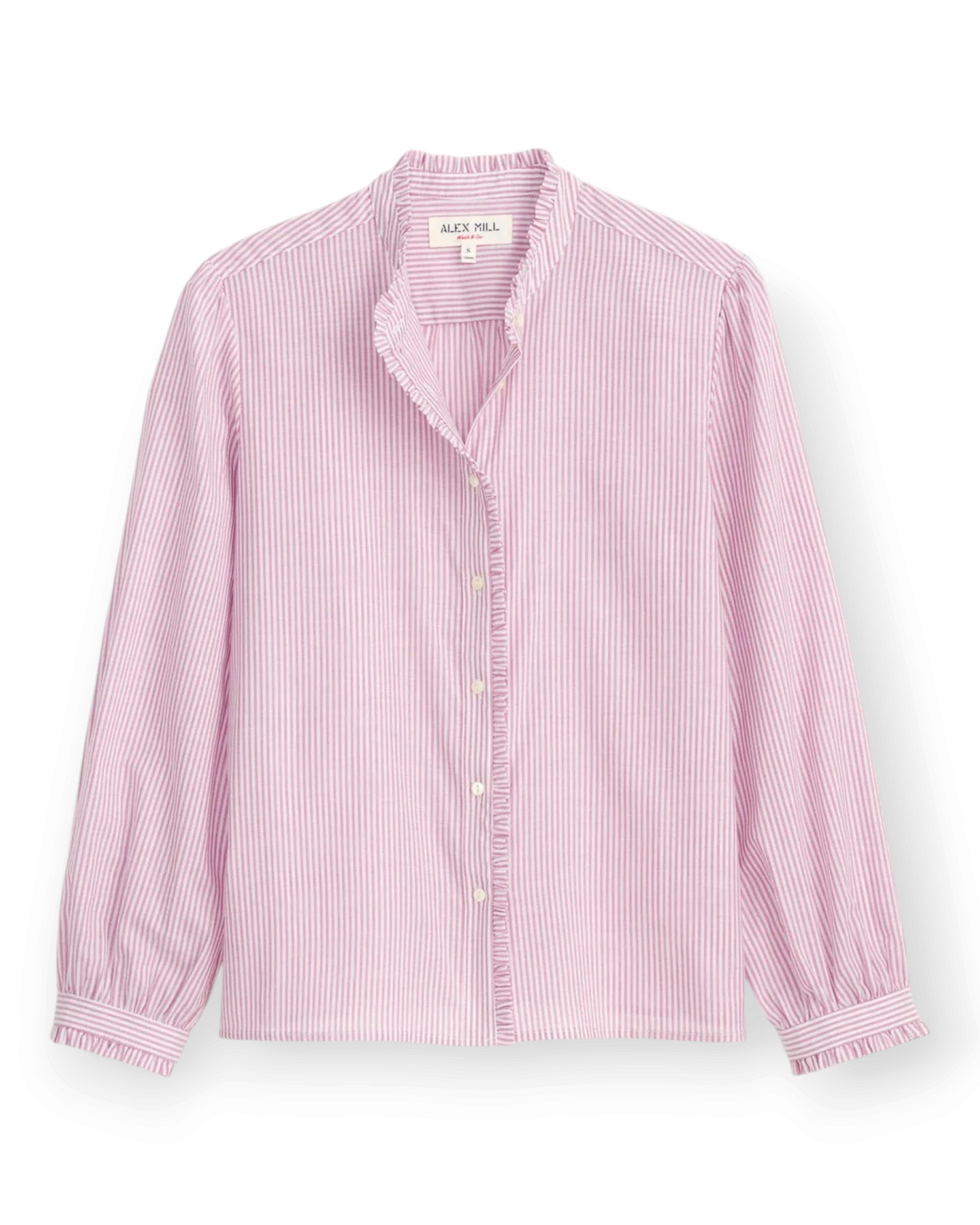 Birdie by Nina Liddle Design Chantilly striped cotton shirt in pink and white with ruffle collar and cuff details.