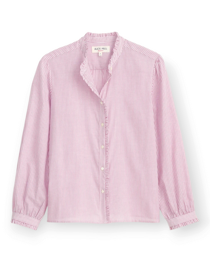 Birdie by Nina Liddle Design Chantilly striped cotton shirt in pink and white with ruffle collar and cuff details.