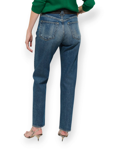 Birdie by Nina Liddle Design Jane mid-rise straight leg jeans in Eze wash cotton denim, back view on a model.