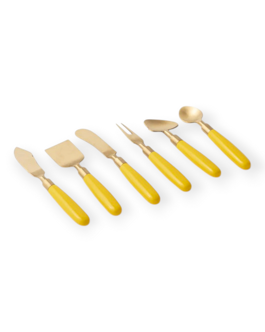 Birdie by Nina Liddle Design six-piece cheese knife set with vibrant yellow resin handles and gold-tone brass heads.
