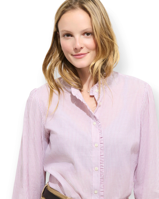 Birdie by Nina Liddle Design Chantilly striped cotton shirt with ruffle collar detail worn by a model