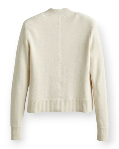 Birdie by Nina Liddle Design Perry Cardigan in cream Egyptian cotton, back view showing ribbed hem and slim fit.
