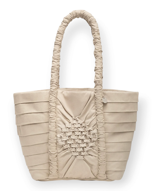 Birdie by Nina Liddle Design Miren Bag in beige cotton twill with geometric smocking and a ruched shoulder handle.