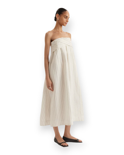 Birdie by Nina Liddle Design Mogra knee-length strapless linen dress in ivory with black vertical stripes