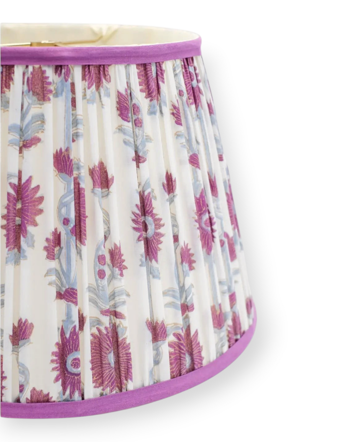 Birdie by Nina Liddle Design pleated empire lampshade in white cotton with purple floral hand block-printed pattern.