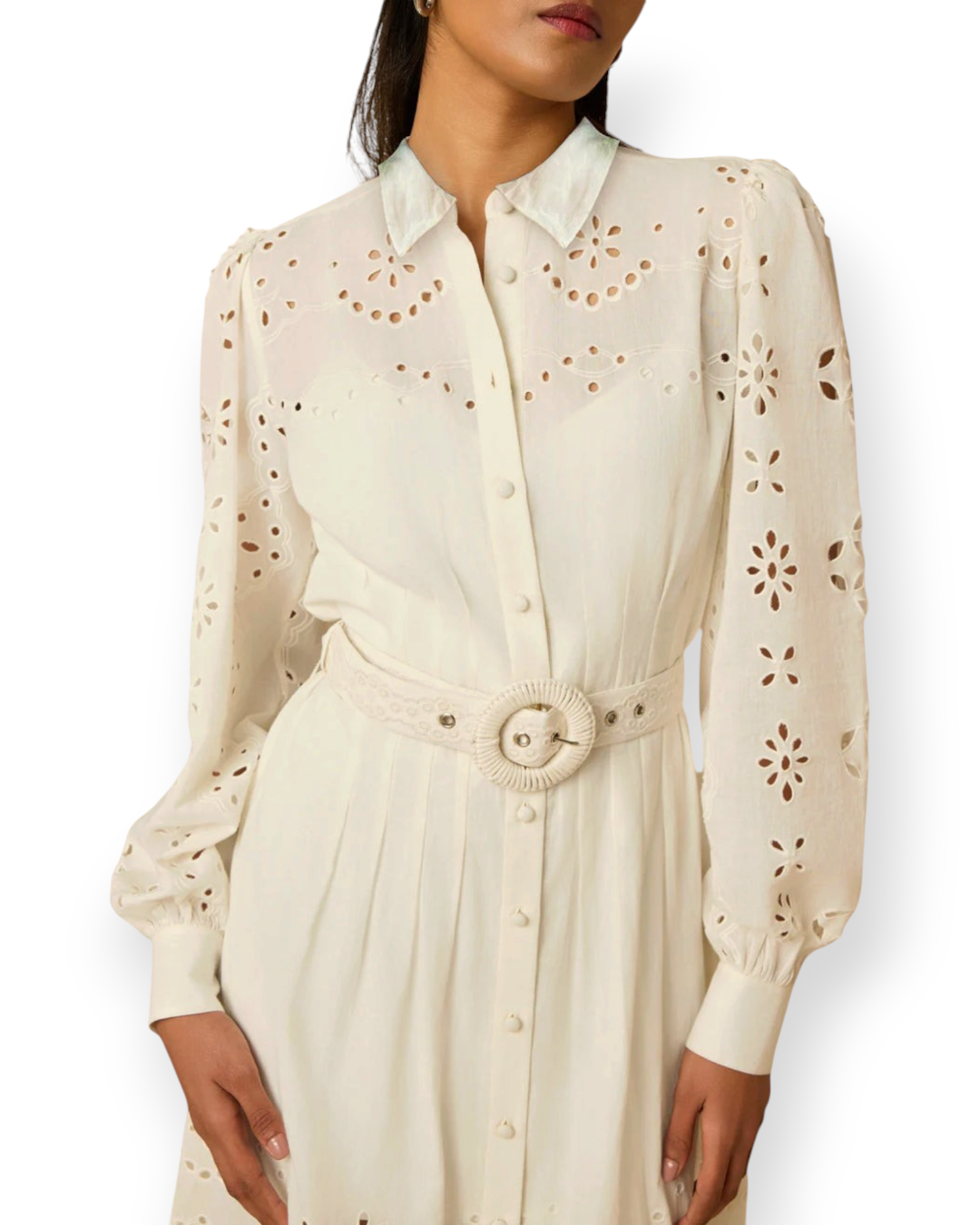 Birdie by Nina Liddle Design white schiffli cutwork midi shirt dress with buckled belt and full sleeves