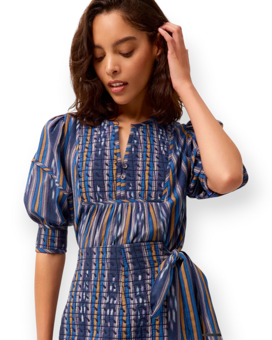 Birdie by Nina Liddle Design Adina top in blue ikat print cotton with quilted bib neck and puff sleeves