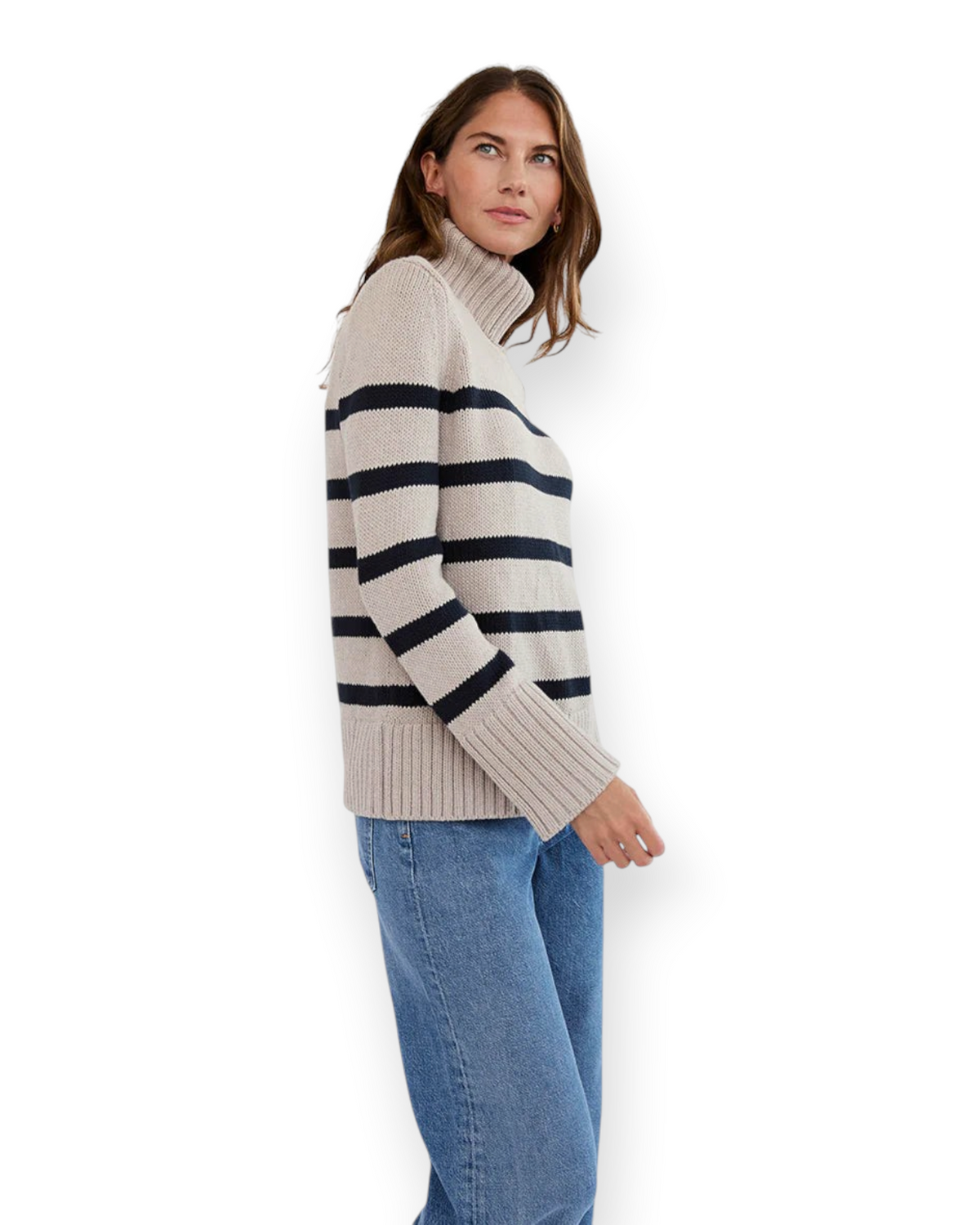 Birdie by Nina Liddle Design Wynn striped cotton turtleneck sweater in beige and navy with ribbed trim on a model