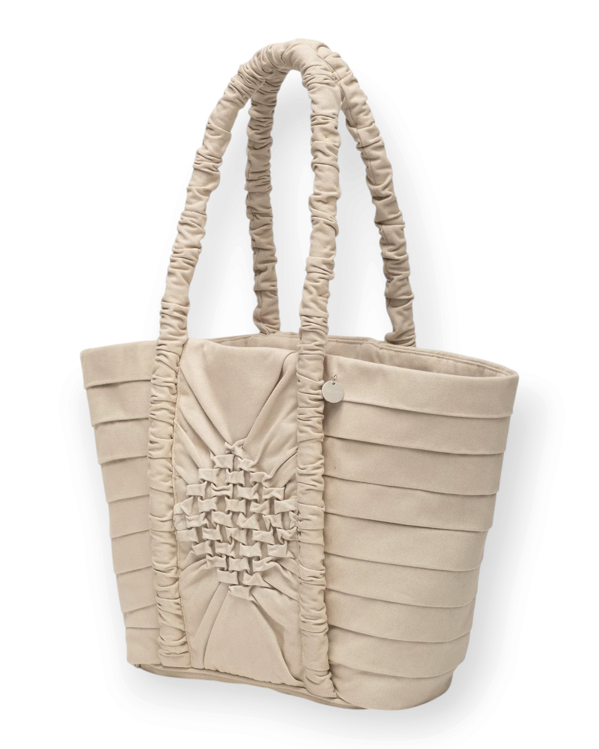 Birdie by Nina Liddle Design Miren bag in beige cotton twill with geometric smocking and ruched shoulder straps.