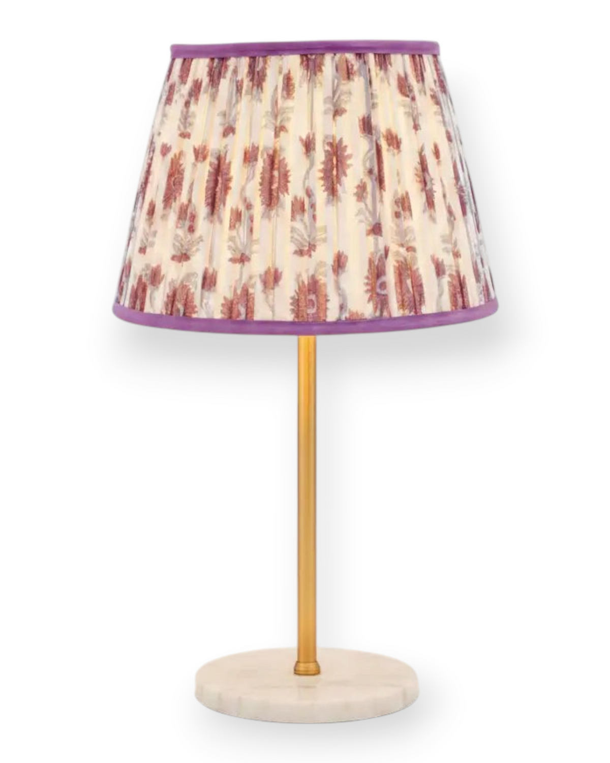Birdie by Nina Liddle Design pleated empire lampshade in hand block-printed cotton with purple trim on a gold lamp.
