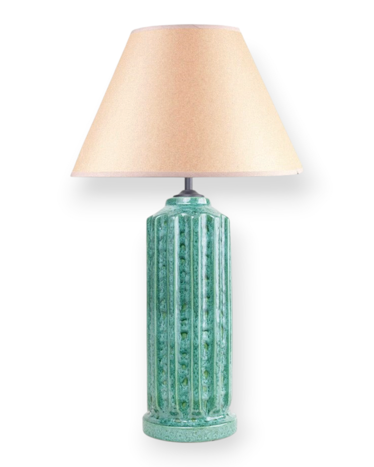 Birdie by Nina Liddle Design Doric Lamp in Algae green ceramic with a fluted column base and a neutral fabric shade.