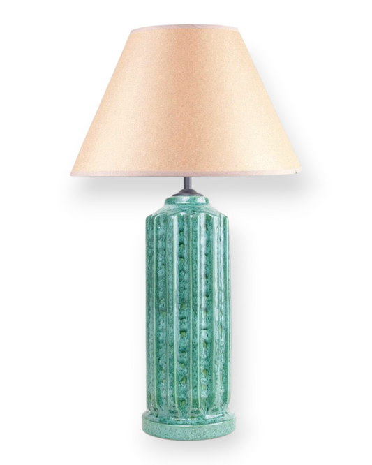 Birdie by Nina Liddle Design Doric Lamp in Algae green ceramic with a fluted column base and a neutral fabric shade.