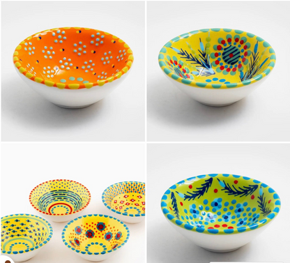 Birdie by Nina Liddle Design handmade ceramic poppy ramekins with colorful hand-painted patterns and dot designs.