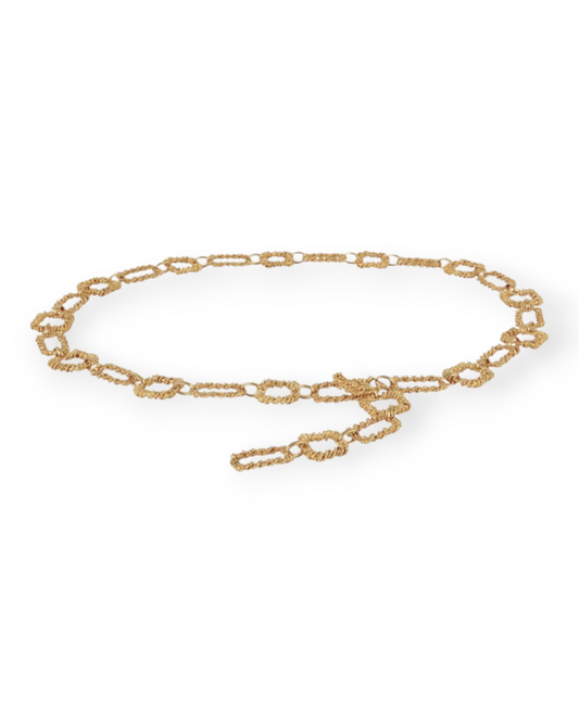Birdie by Nina Liddle Design gold chain belt with textured oval links and adjustable clasp closure.