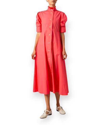 Birdie by Nina Liddle Design Venetia midi dress in watermelon pink cotton poplin with puff sleeves and ruffled collar