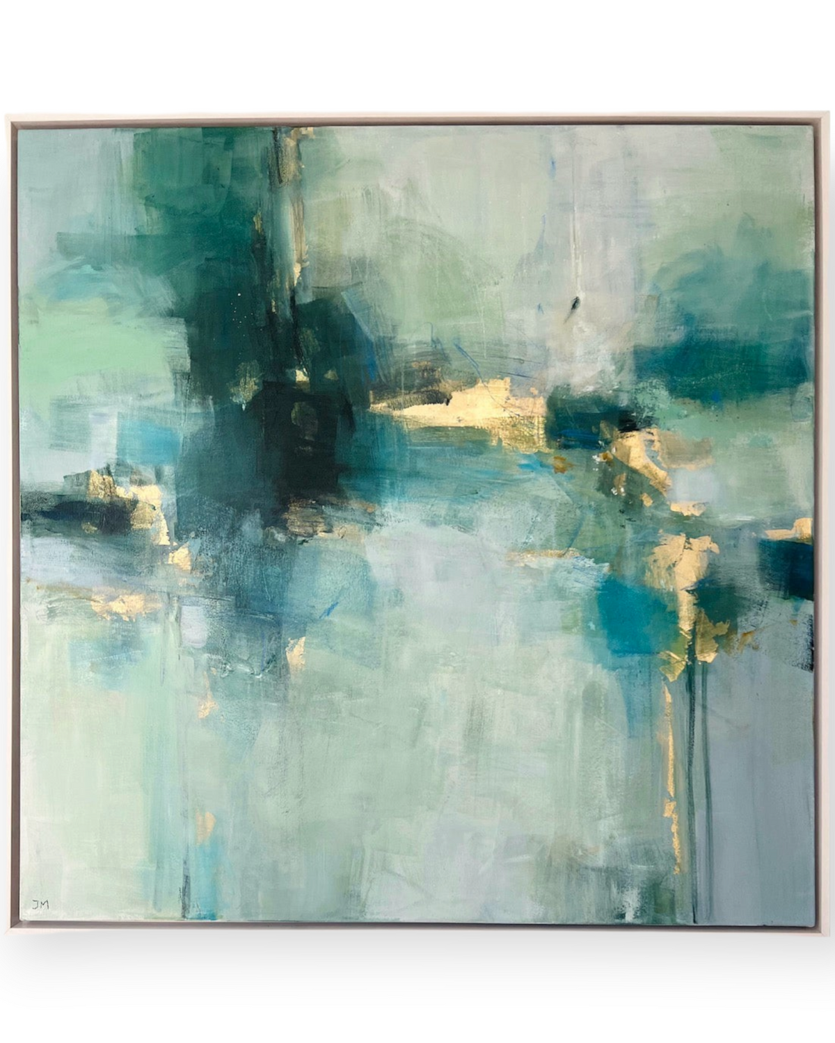 Birdie by Nina Liddle Design Emerald Light abstract painting with emerald green tones and gold leaf on canvas