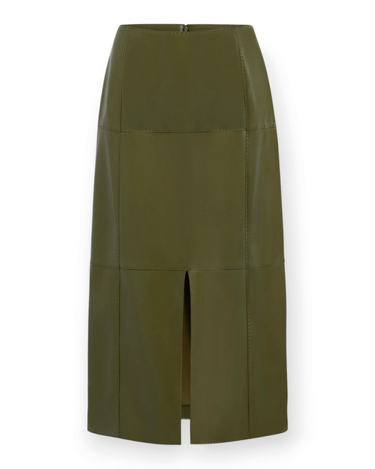 Birdie by Nina Liddle Design Elliot pencil skirt in juniper green vegan leather with pick-stitch seams and front slit