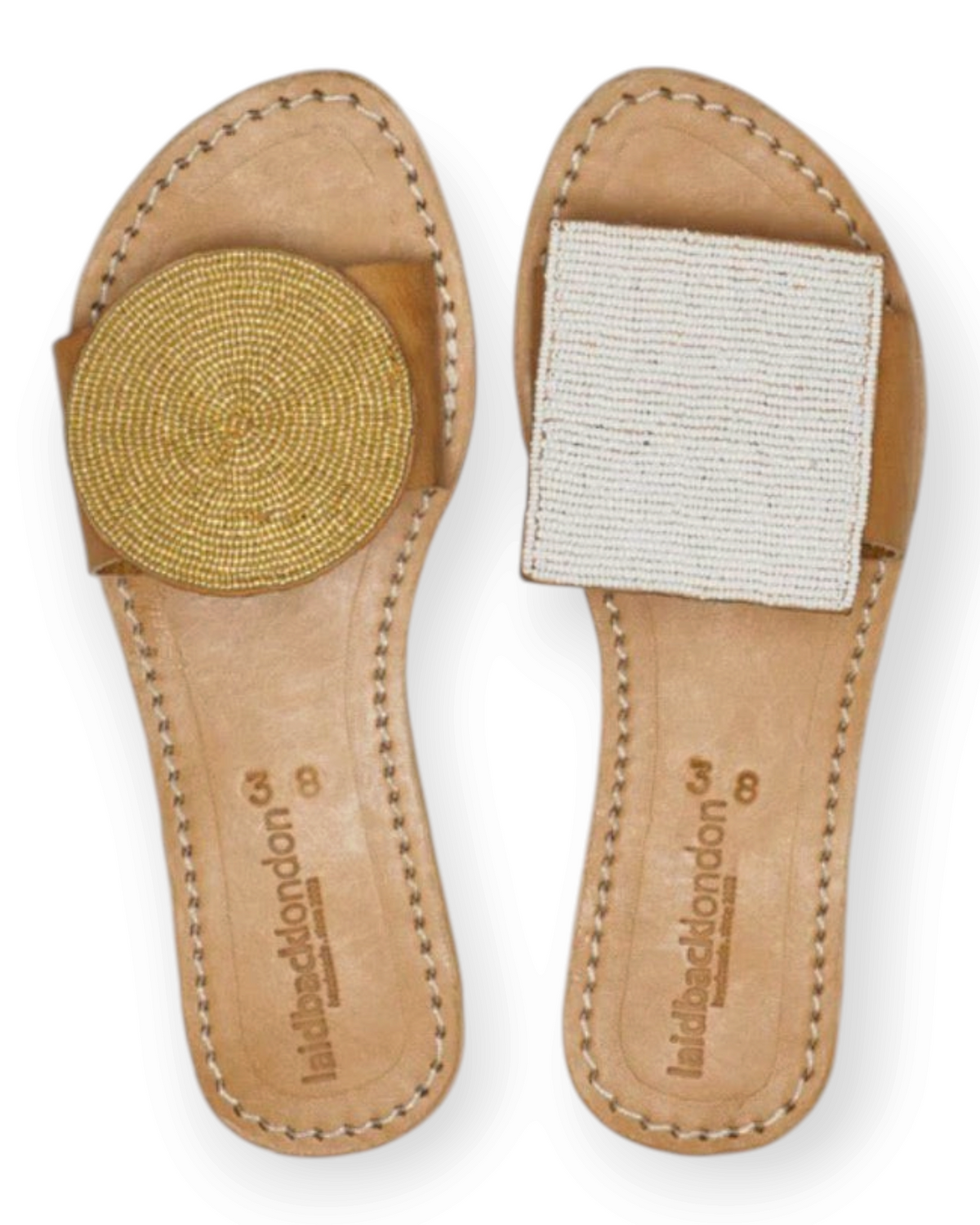 Birdie by Nina Liddle Design Crey leather flip flops with mismatched gold circular and white square beaded uppers.