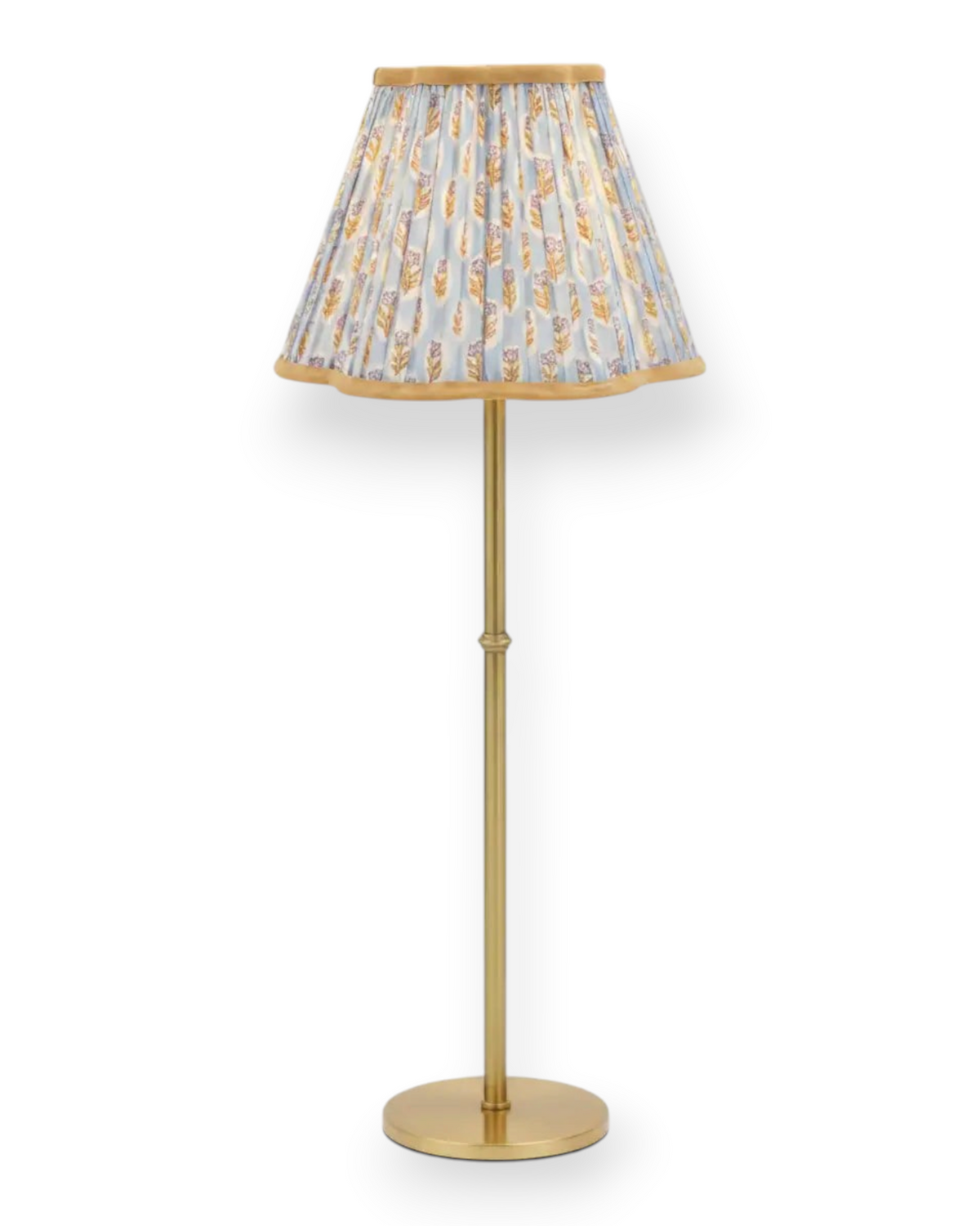 Birdie by Nina Liddle Design pleated empire lampshade in block-printed cotton with floral pattern on a brass lamp base