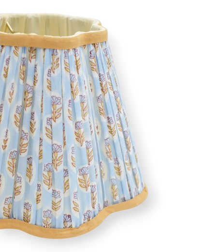 Birdie by Nina Liddle Design pleated empire lampshade in light blue cotton with hand block-printed floral patterns