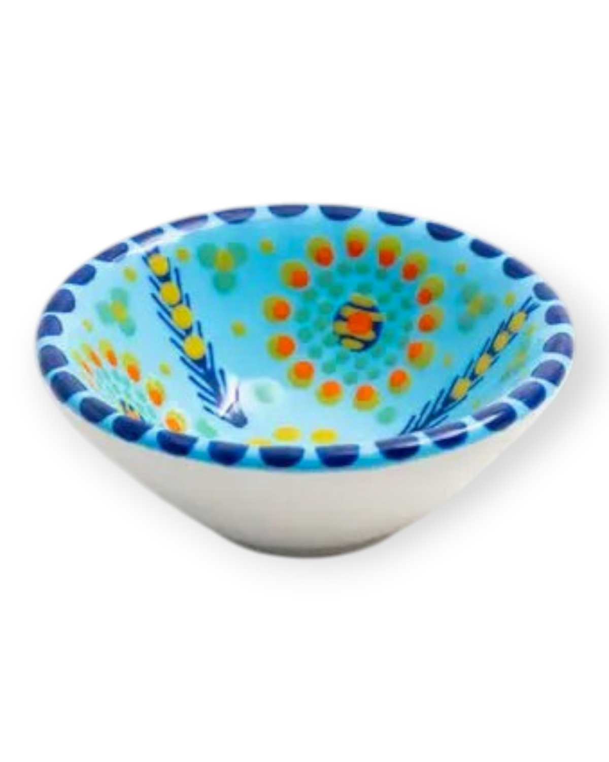 Birdie by Nina Liddle Design handmade ceramic poppy ramekin with hand-painted blue, yellow, and orange floral patterns