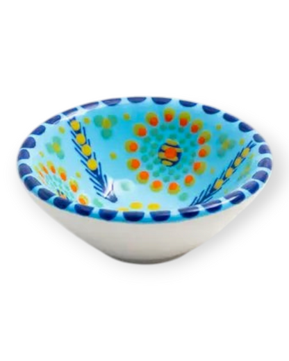 Birdie by Nina Liddle Design handmade ceramic poppy ramekin with hand-painted blue, yellow, and orange floral patterns