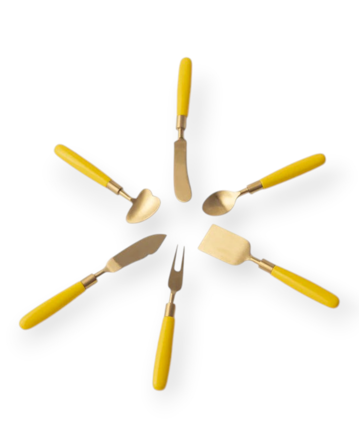 Birdie by Nina Liddle Design six-piece cheese knife set with vibrant yellow resin handles and shiny gold-tone brass