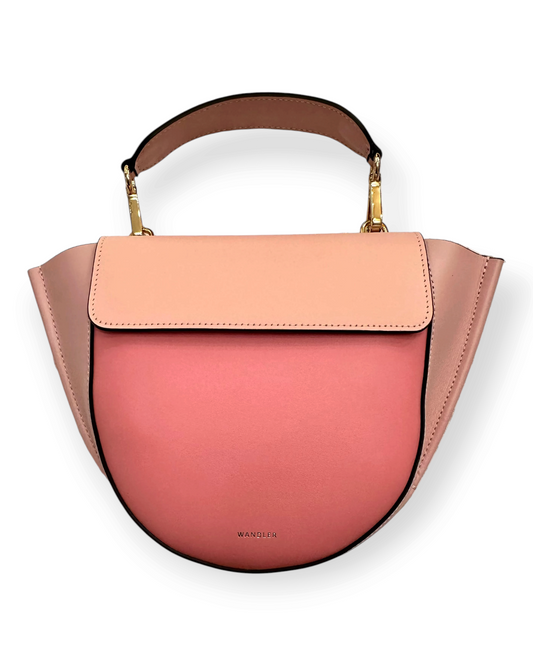 Birdie by Nina Liddle Design Hortensia bag in two-tone pink Italian calf leather with gold hardware and top handle.