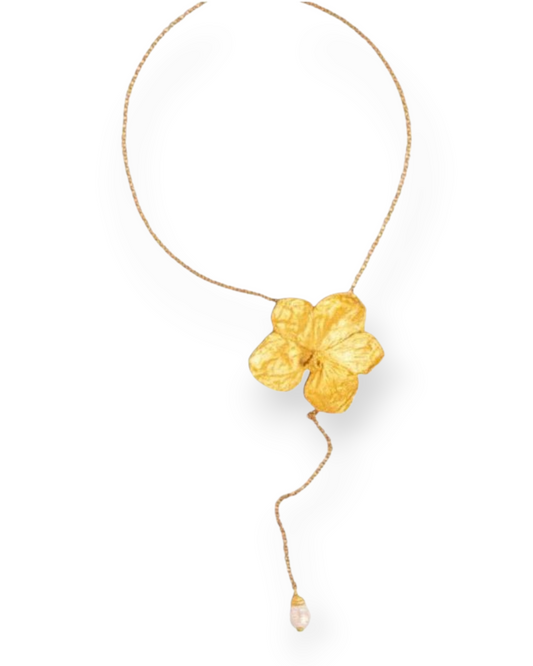 Birdie by Nina Liddle Design 24k gold plated Vanda orchid necklace with a delicate chain and small pearl drop