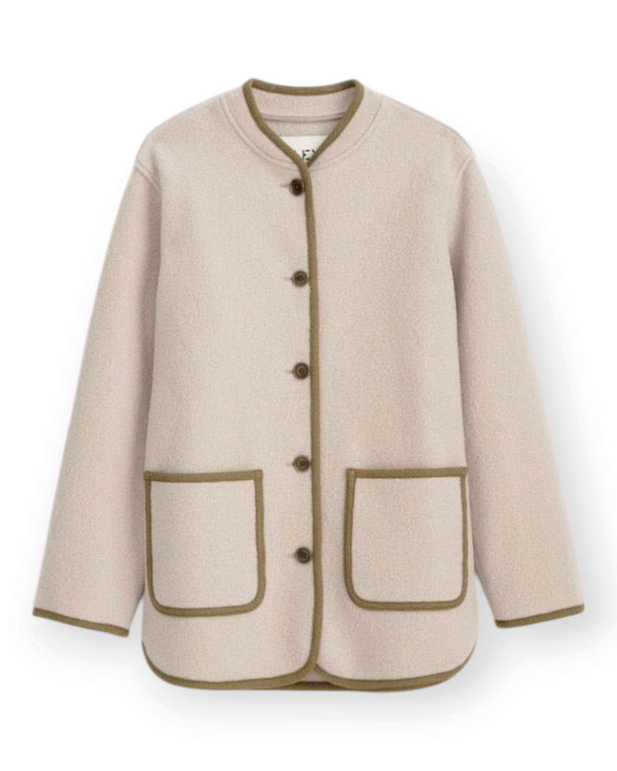 Birdie by Nina Liddle Design Cambridge jacket in beige boiled merino wool with olive green trim and front pockets