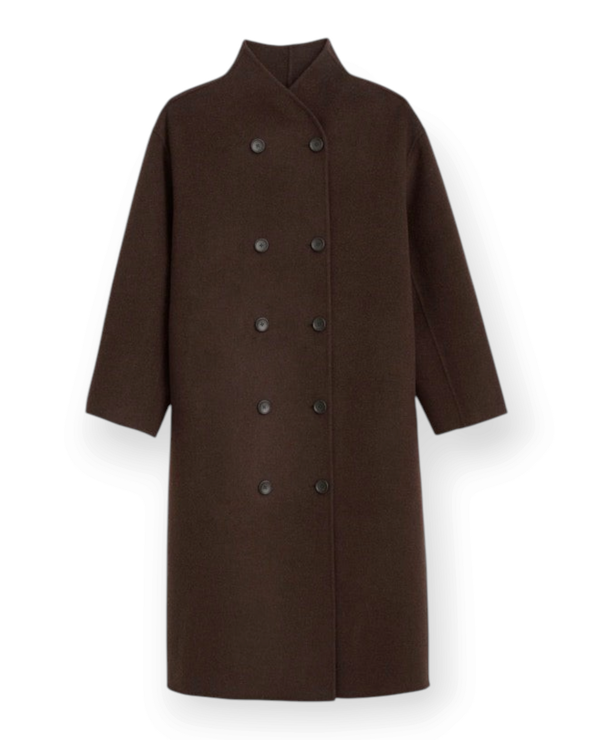 Birdie by Nina Liddle Design Long Sophia double-breasted wool coat in dark brown with hand-stitched seams