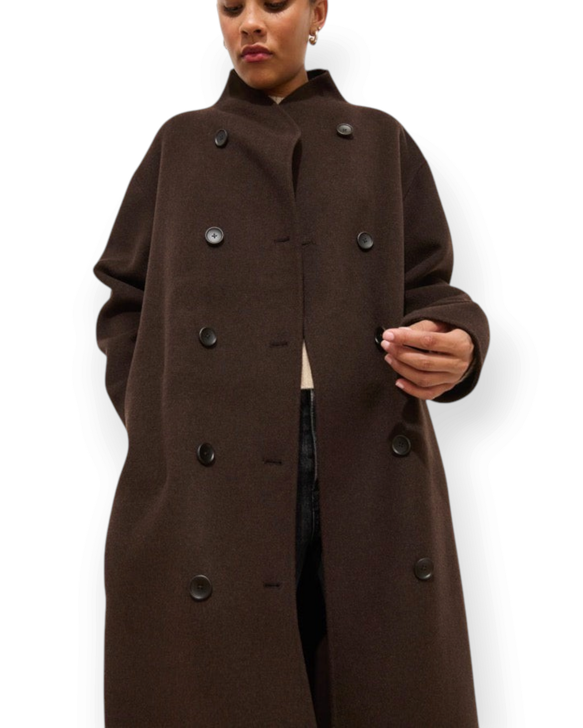 Birdie by Nina Liddle Design long dark brown double-face wool coat with hand-stitched seams and button front closure.
