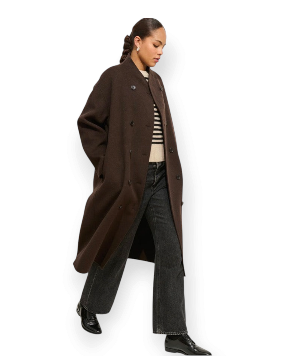 Birdie by Nina Liddle Design long brown double-face wool coat with hand-stitched seams and button closure