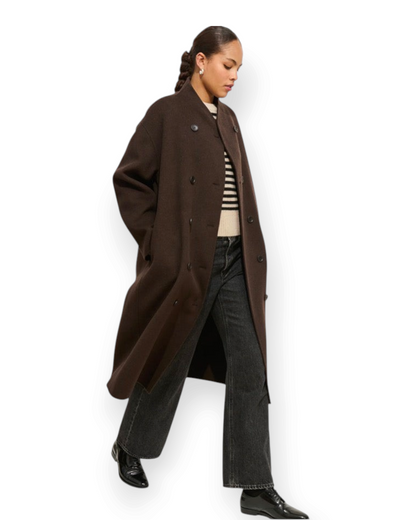 Birdie by Nina Liddle Design long brown double-face wool coat with hand-stitched seams and button closure