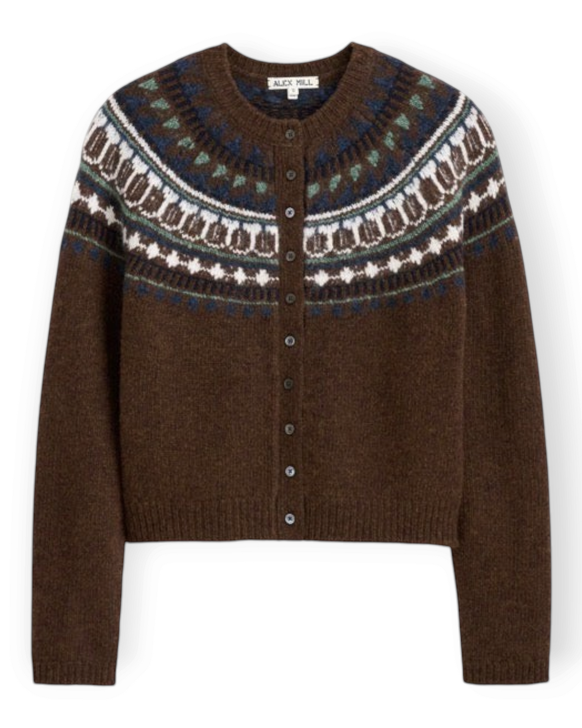 Birdie by Nina Liddle Design brown wool blend Fairisle cardigan with shell buttons and a cropped fit