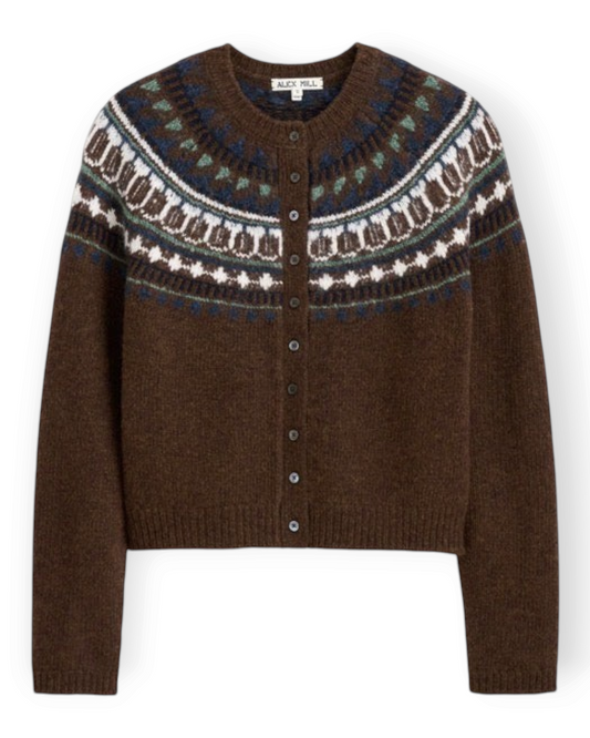 Birdie by Nina Liddle Design brown wool blend Fairisle cardigan with shell buttons and a cropped fit