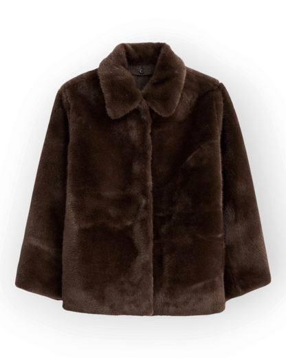 Birdie by Nina Liddle Design Duane St brown faux fur jacket with a detachable collar and hidden snap closures.