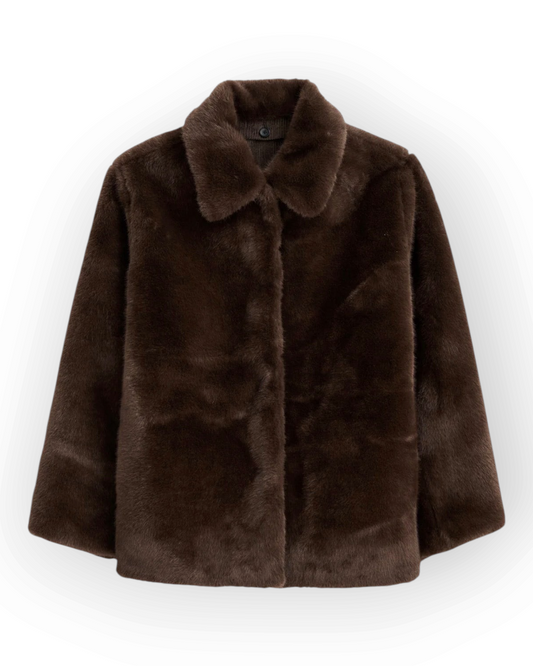 Birdie by Nina Liddle Design Duane St brown faux fur jacket with a detachable collar and hidden snap closures.