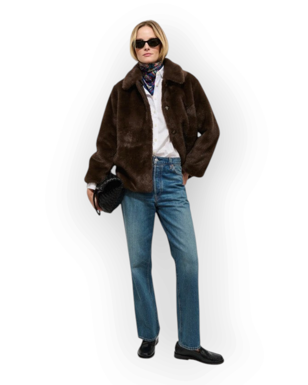 Birdie by Nina Liddle Design brown faux fur Duane St jacket with detachable collar worn by a model with jeans