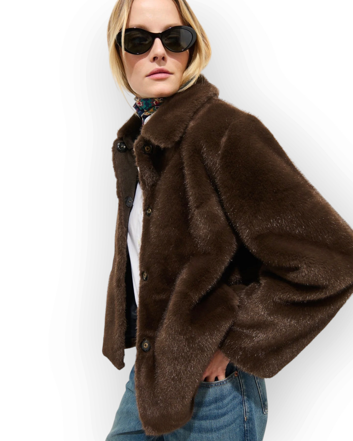 Birdie by Nina Liddle Design Duane St brown faux fur jacket with hidden snap buttons worn by a model in sunglasses