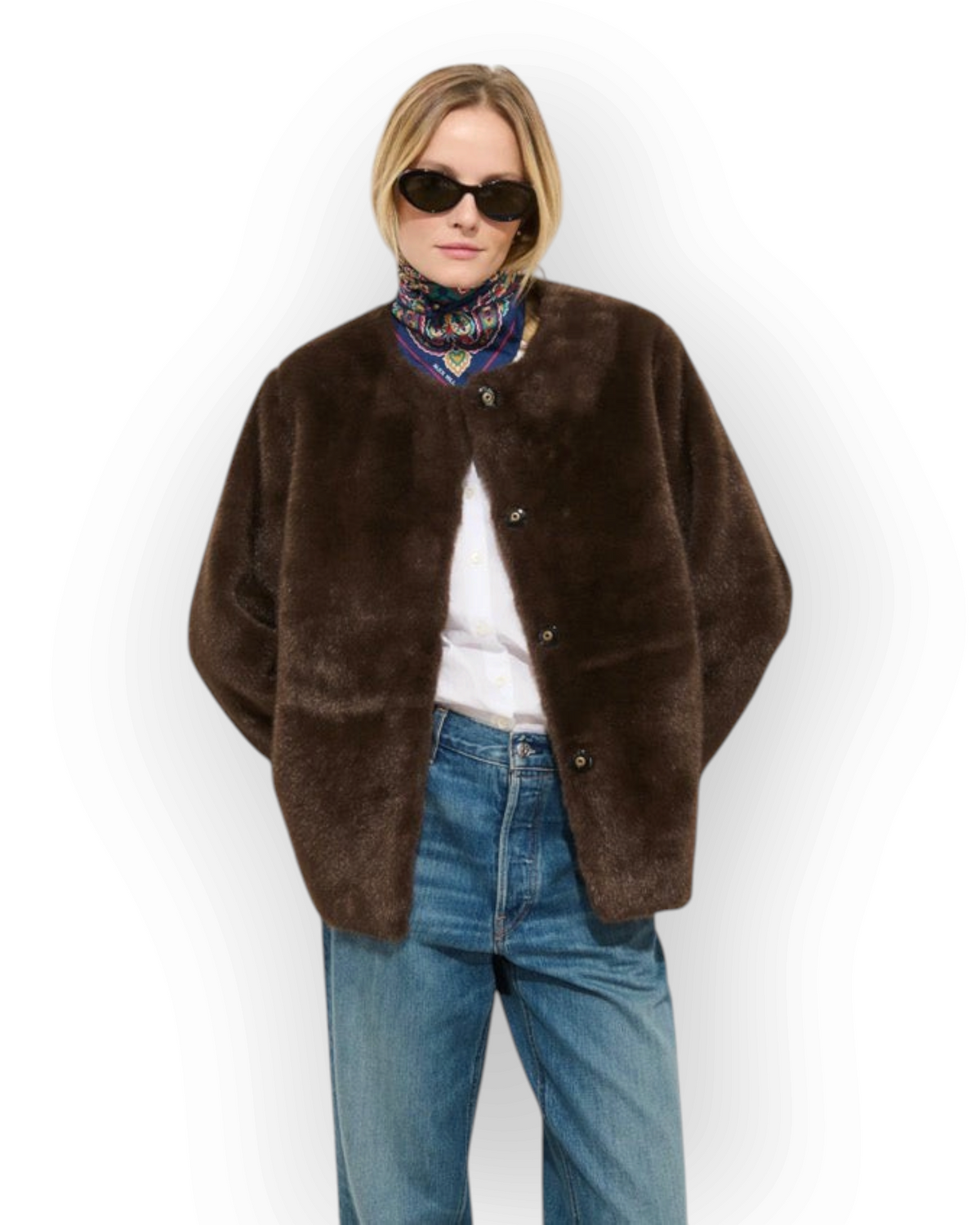 Birdie by Nina Liddle Design brown faux fur Duane St jacket with hidden snap closures worn by a model